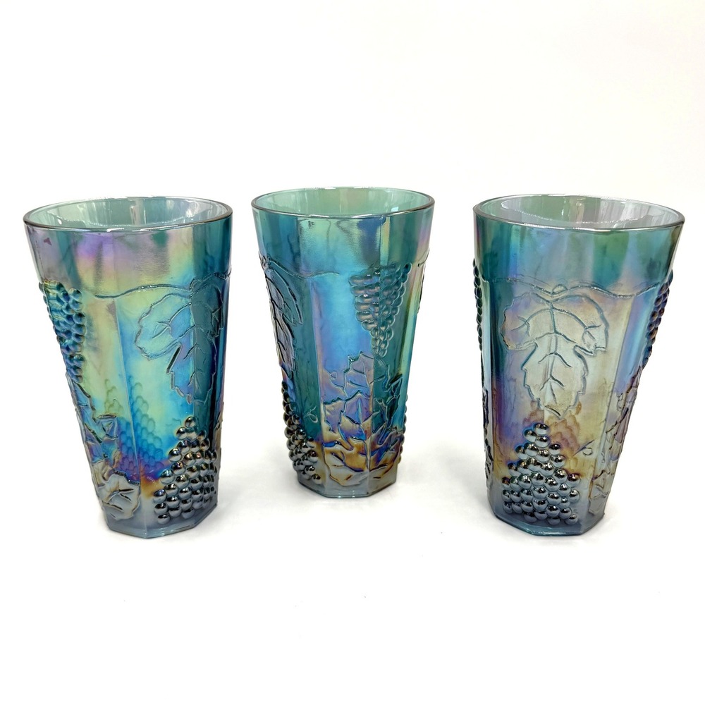 Imperial Glass Carnival Glass Tumblers Set of 3 Teal Blue Grape Leaf 1950s